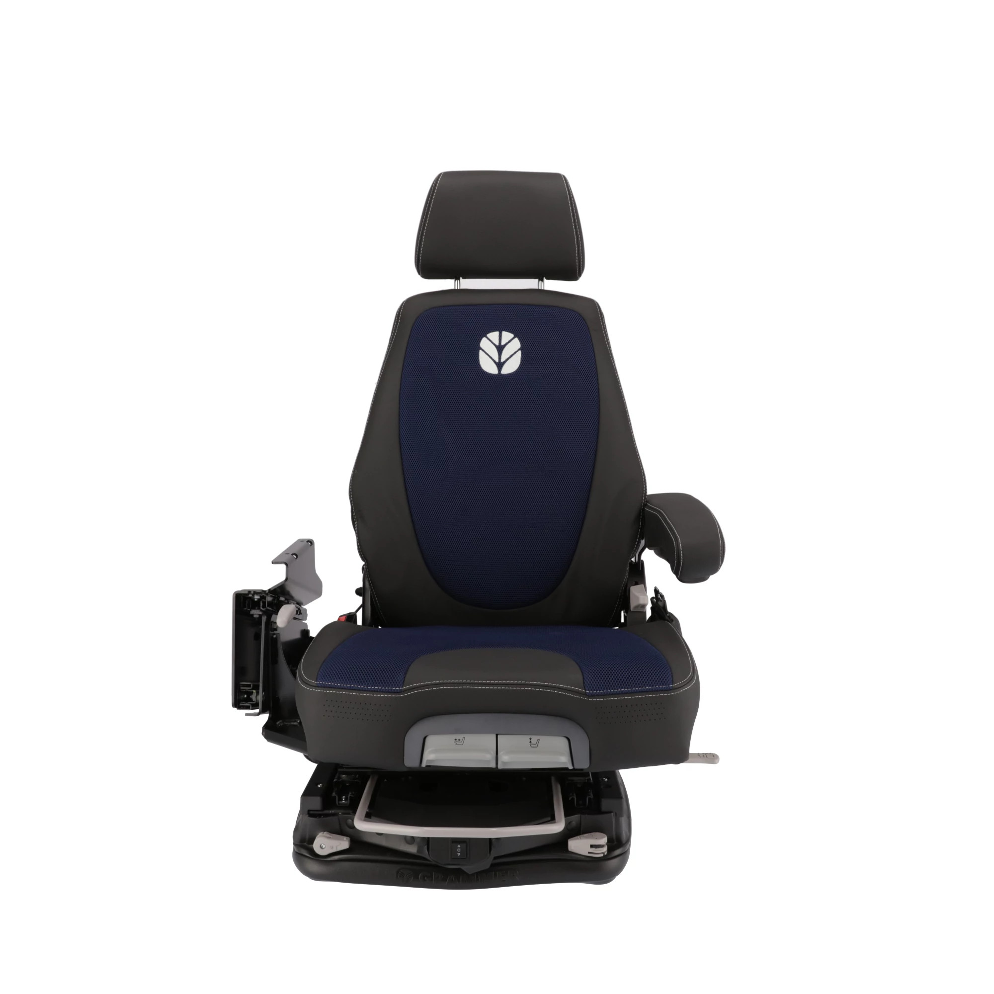 Assento do operador - Suspensão a ar - Aquecido - Couro preto/tecido azul