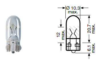 Lâmpada W3W - Base de vidro - 12 V - 3 W