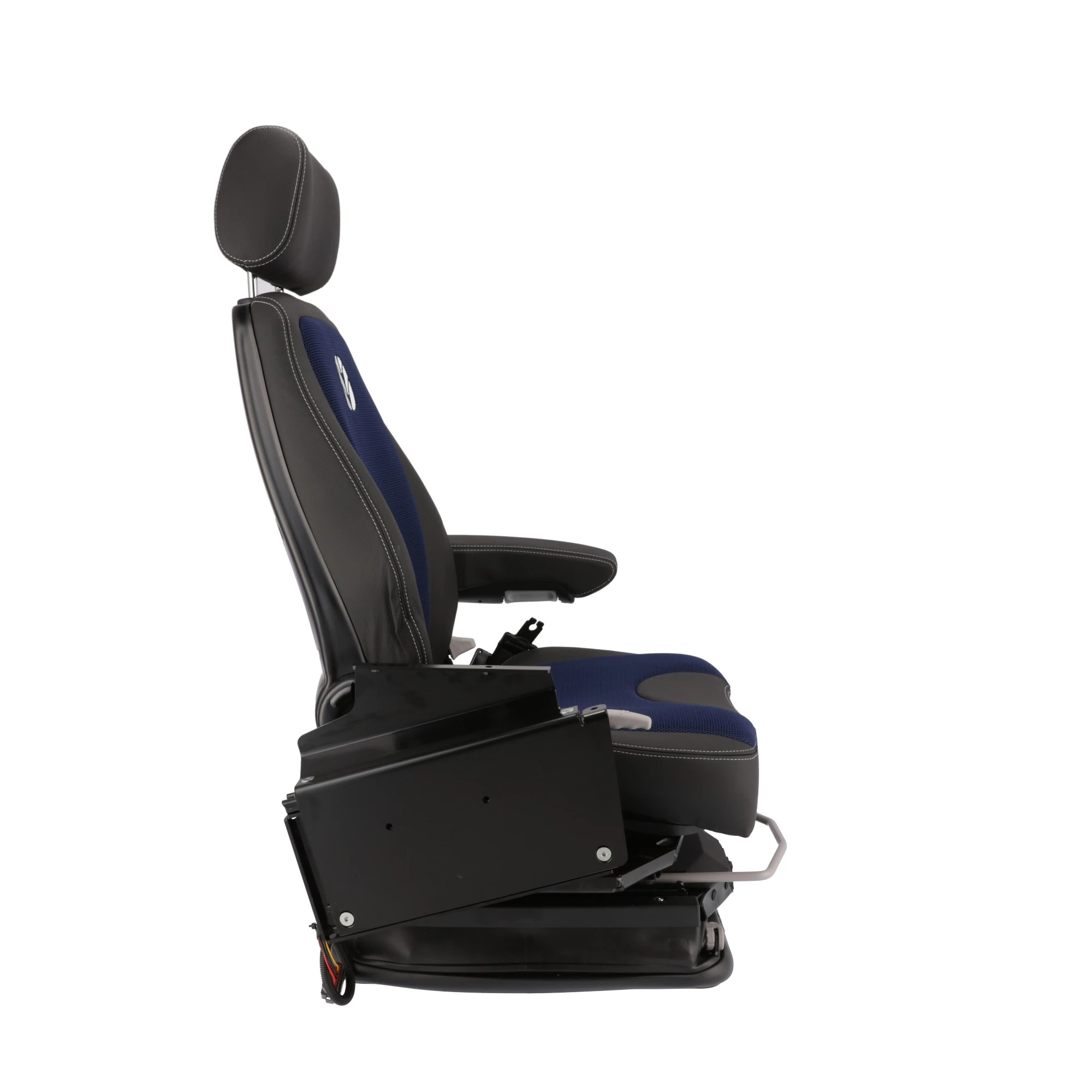 Assento do operador - Suspensão a ar - Aquecido - Couro preto/tecido azul
