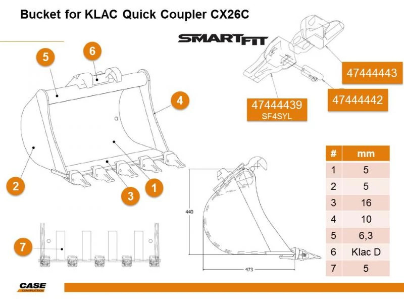 Caçamba para miniescavadeira - Acoplador KLAC - Dentes SmartFit™ - 700 mm L - 0,01 m³