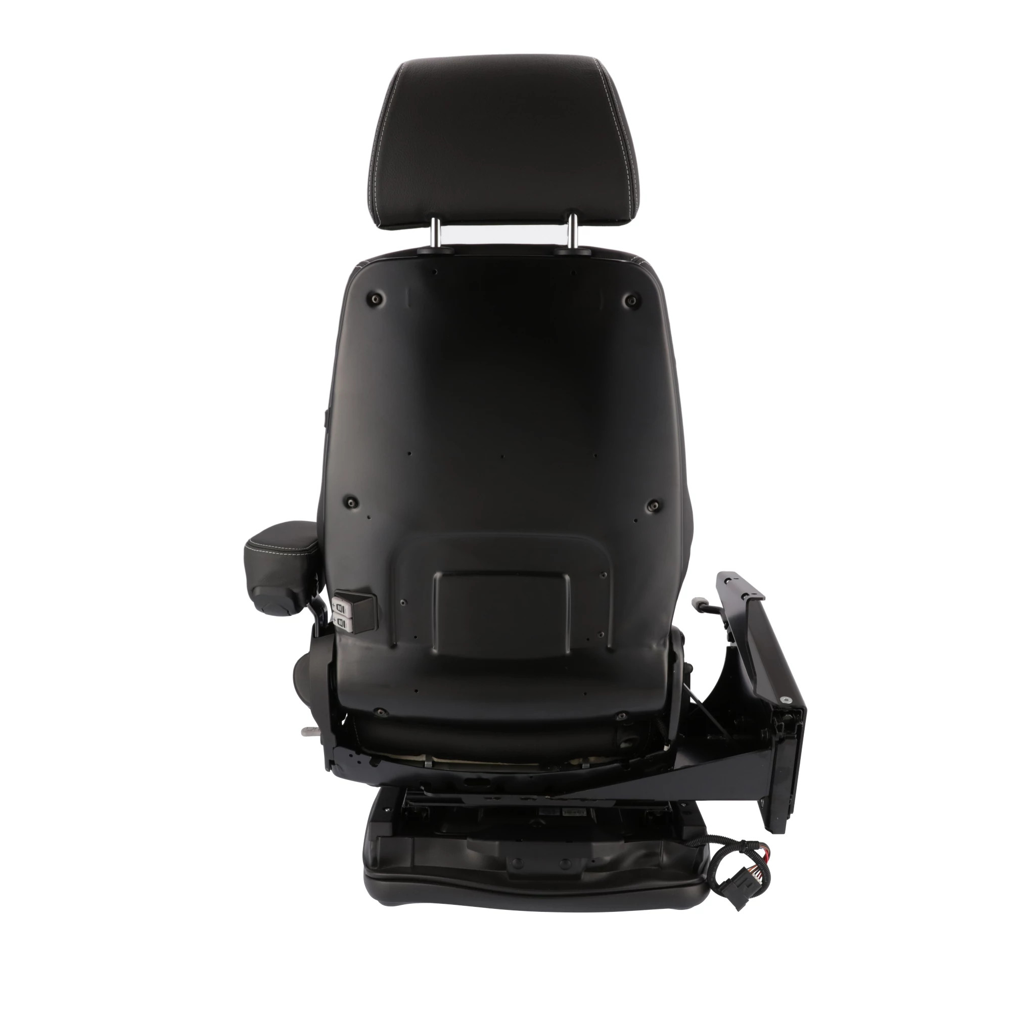 Assento do operador - Suspensão a ar - Aquecido - Couro preto/tecido azul