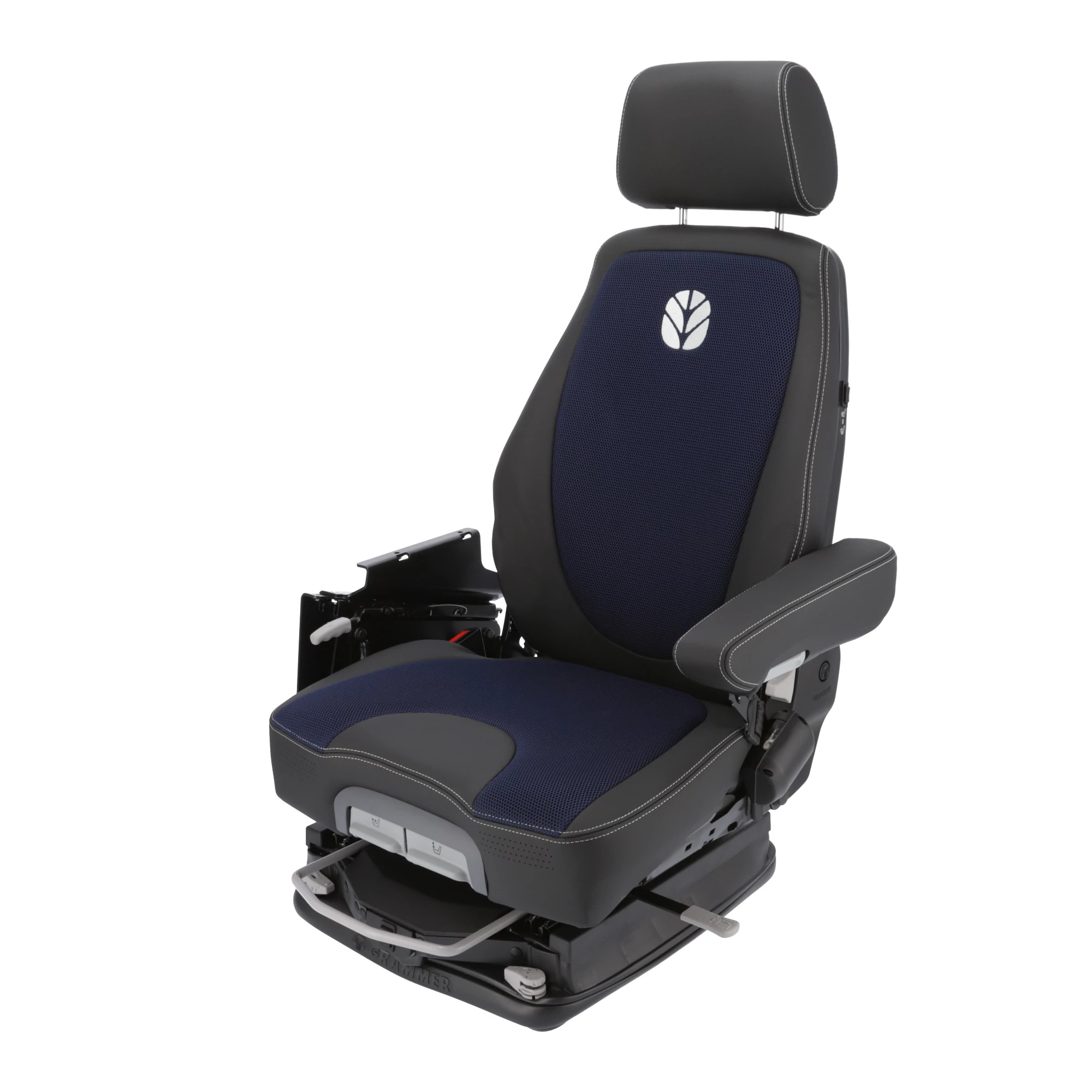 Assento do operador - Suspensão a ar - Aquecido - Couro preto/tecido azul